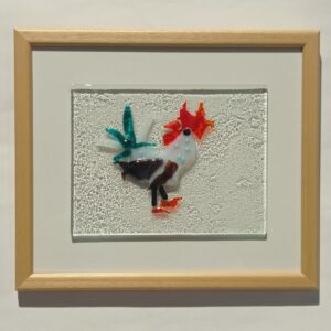 Handmade Fused Glass Wall Art Rooster with Wooden Frame by Gamze Haberal
