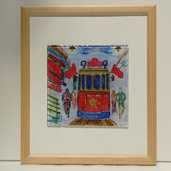 red tram istanbul skyline glass picture frame