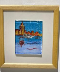 galata tower sea view glass painting wooden framed