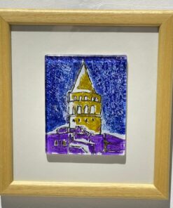 galata tower view glass painting wooden framed