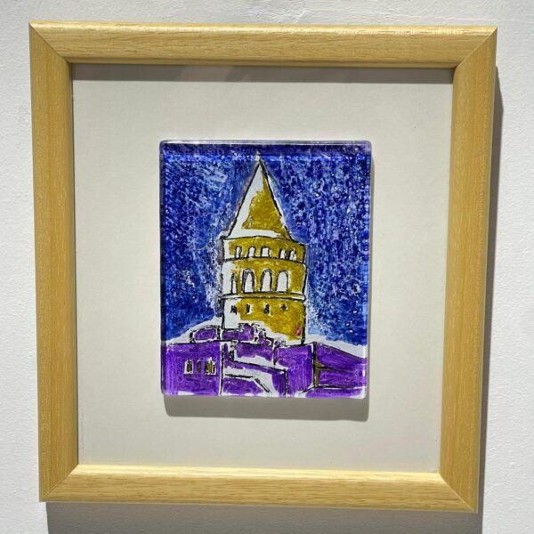 galata tower view glass painting wooden framed