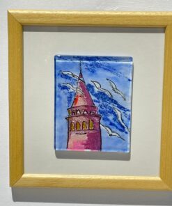 galata tower view glass painting wooden framed