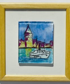 blue yellow galata tower sea view glass painting wooden framed