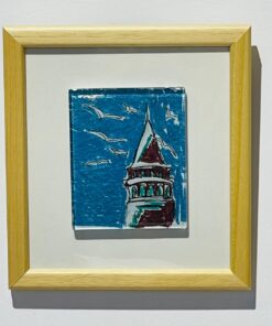 blue brown galata tower view glass painting wooden framed