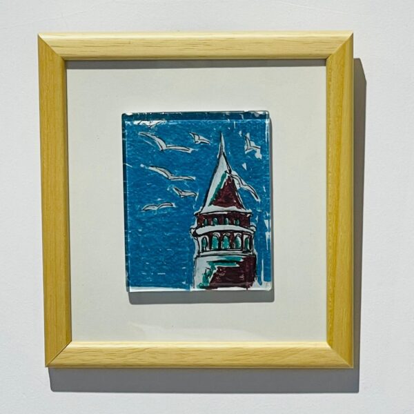 blue brown galata tower view glass painting wooden framed