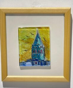 blue yellow galata tower view glass painting wooden framed