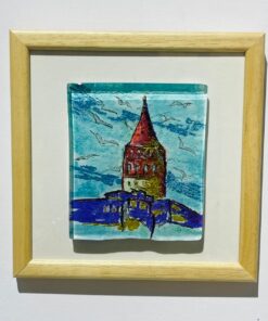 blue red galata tower view glass painting wooden framed