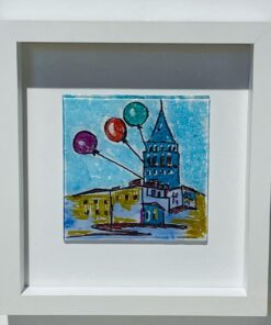 balloons and galata tower view glass painting wooden framed