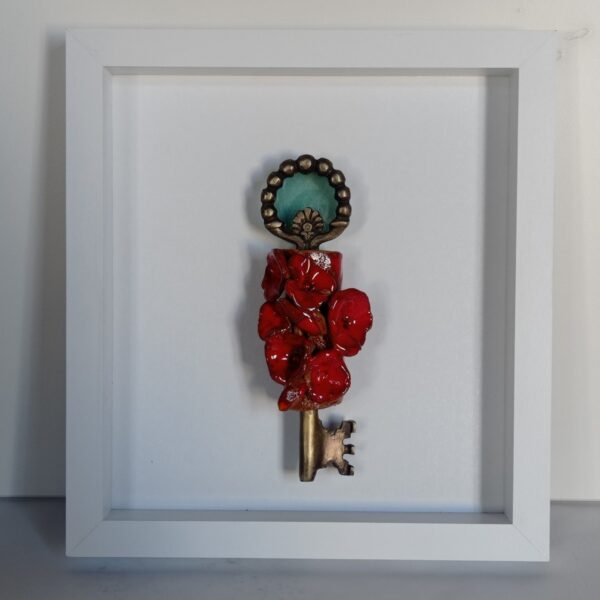 Handmade Antique Brass Key With Ceramic Wall Art with Frame by Gamze Haberal