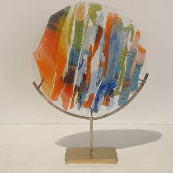 Handmade Fused Glass Sculpture Energy Circle with Brass Base by Gamze Haberal