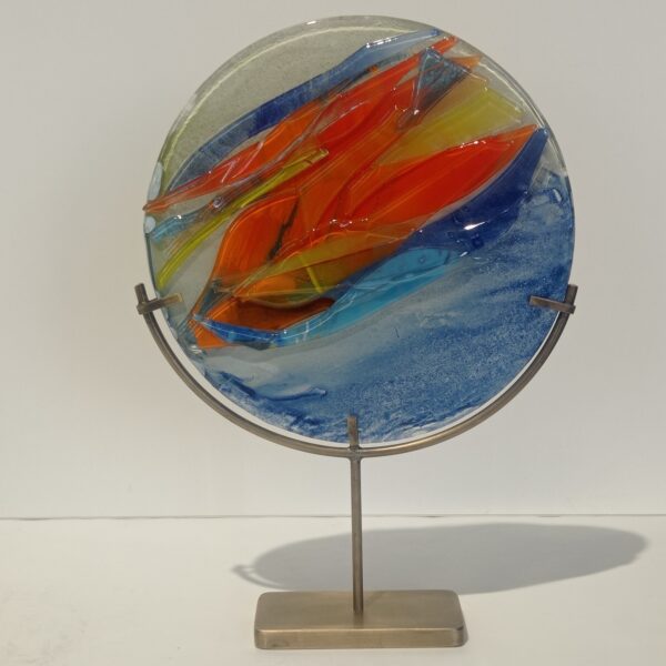 Handmade Fused Glass Sculpture Energy Circle with Brass Base by Gamze Haberal