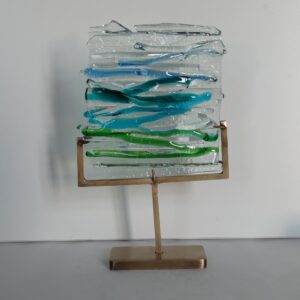 Handmade Fused Glass Sculpture Wavy sea with Brass Base by Gamze Haberal