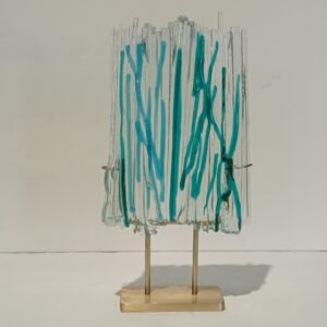 Handmade Fused Glass Sculpture Vawy sea depiction with Brass Base by Gamze Haberal