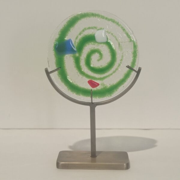 Handmade Fused Glass Sculpture Green Energy Circle with Brass Base by Gamze Haberal