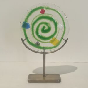 Handmade Fused Glass Sculpture Green Energy Circle with Brass Base by Gamze Haberal