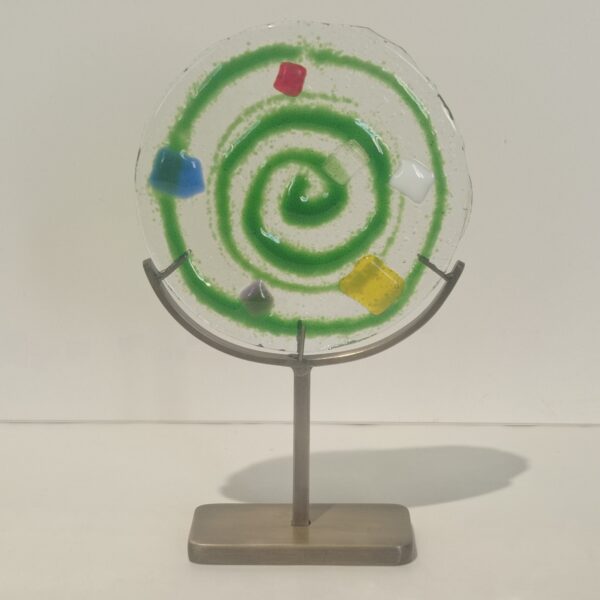 Handmade Fused Glass Sculpture Green Energy Circle with Brass Base by Gamze Haberal