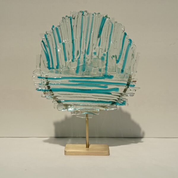 Handmade Fused Glass Sculpture Sea and Sun depiction with Brass Base by Gamze Haberal
