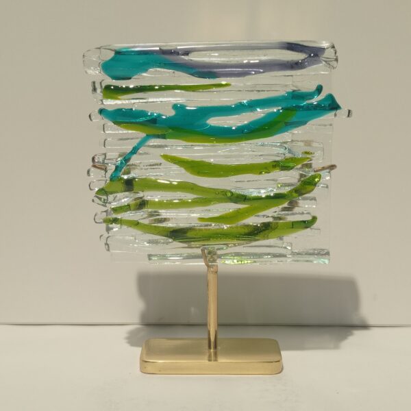 Handmade Fused Glass Sculpture Wayvy Energy with Brass Base by Gamze Haberal