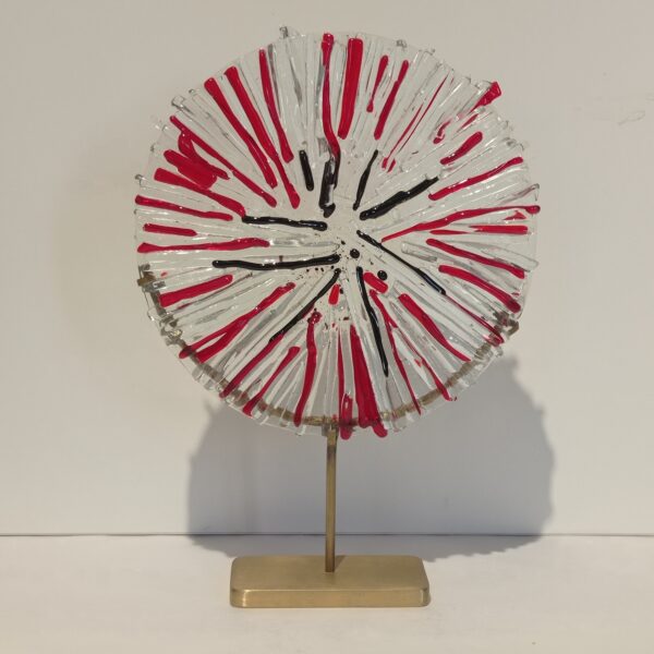 Handmade Fused Glass Sculpture Red Energy Circle with Brass Base by Gamze Haberal