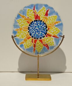 Handmade Fused Glass Sculpture Sun Flower Circle with Brass Base by Gamze Haberal