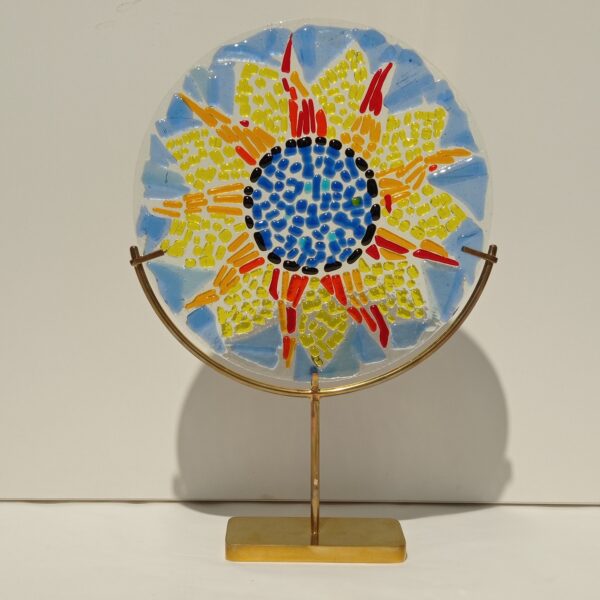 Handmade Fused Glass Sculpture Sun Flower Circle with Brass Base by Gamze Haberal