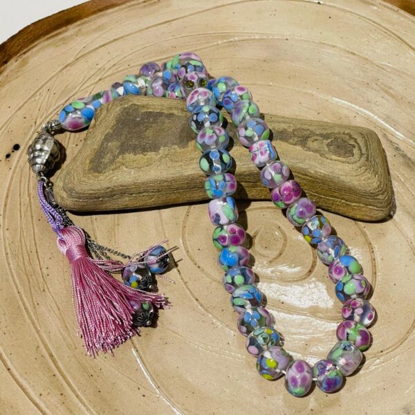 pink multicolor patterned glass fusion handmade rosary