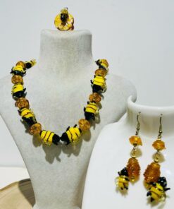 fusion glass yellow Black honey bee necklace