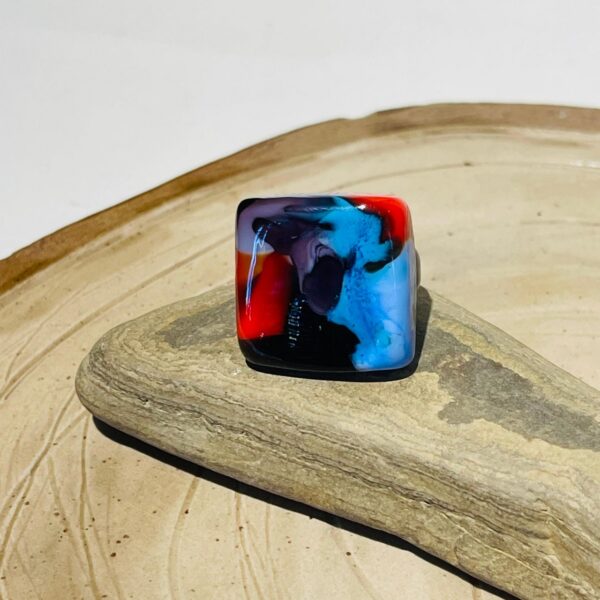 blue red black square handmade glass fusion ring