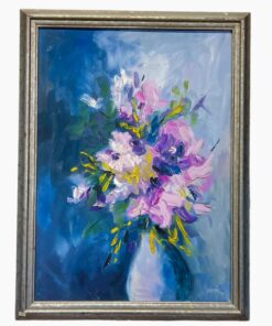 oil painting purple flowers in vase wooden framed picture
