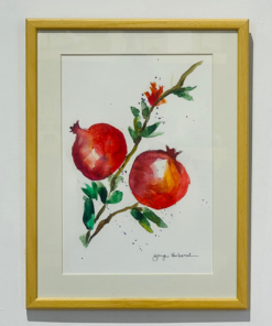 two pomegranates watercolor wooden framed painting symbol of abundance and wealth