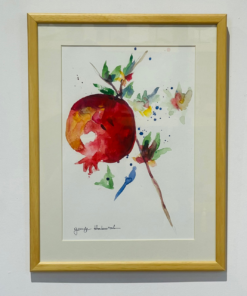 Pomegranate and Birds Watercolor Wooden Framed Painting Symbol of Freedom and Wealth