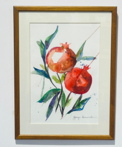 two pomegranates watercolor wooden framed painting symbol of abundance and wealth